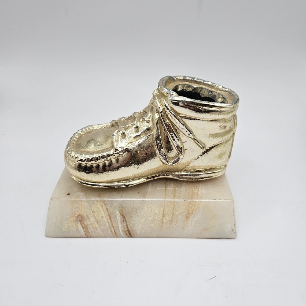 Vintage Solid Bronze Baby Shoe on Marble Base – Nursery Decor